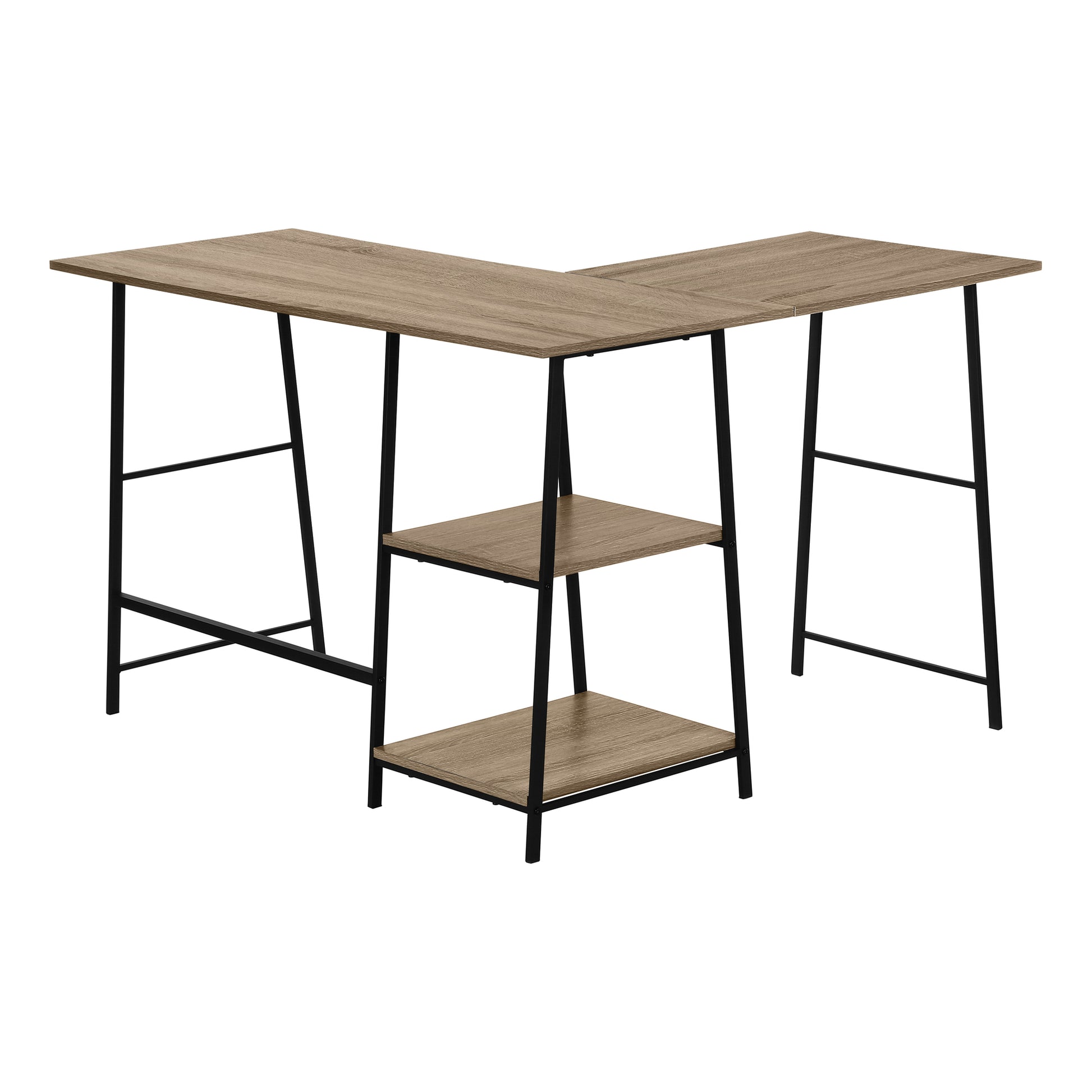 Modern Lshaped desk with oak finish top and black metal legs featuring two open shelves for storage