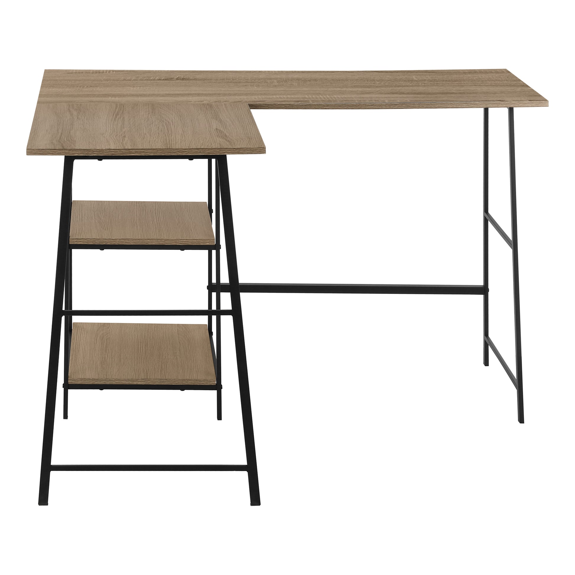 Rustic oak Lshaped desk with three open shelves and black metal legs