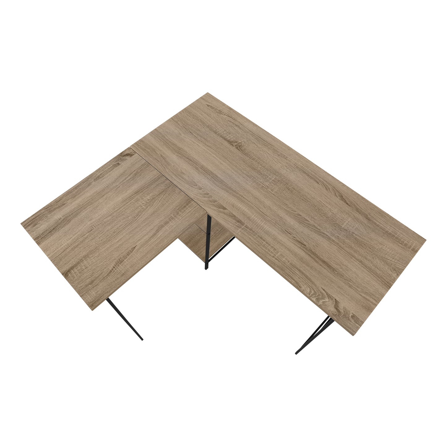 Lshaped desk with light oak finish and black metal legs