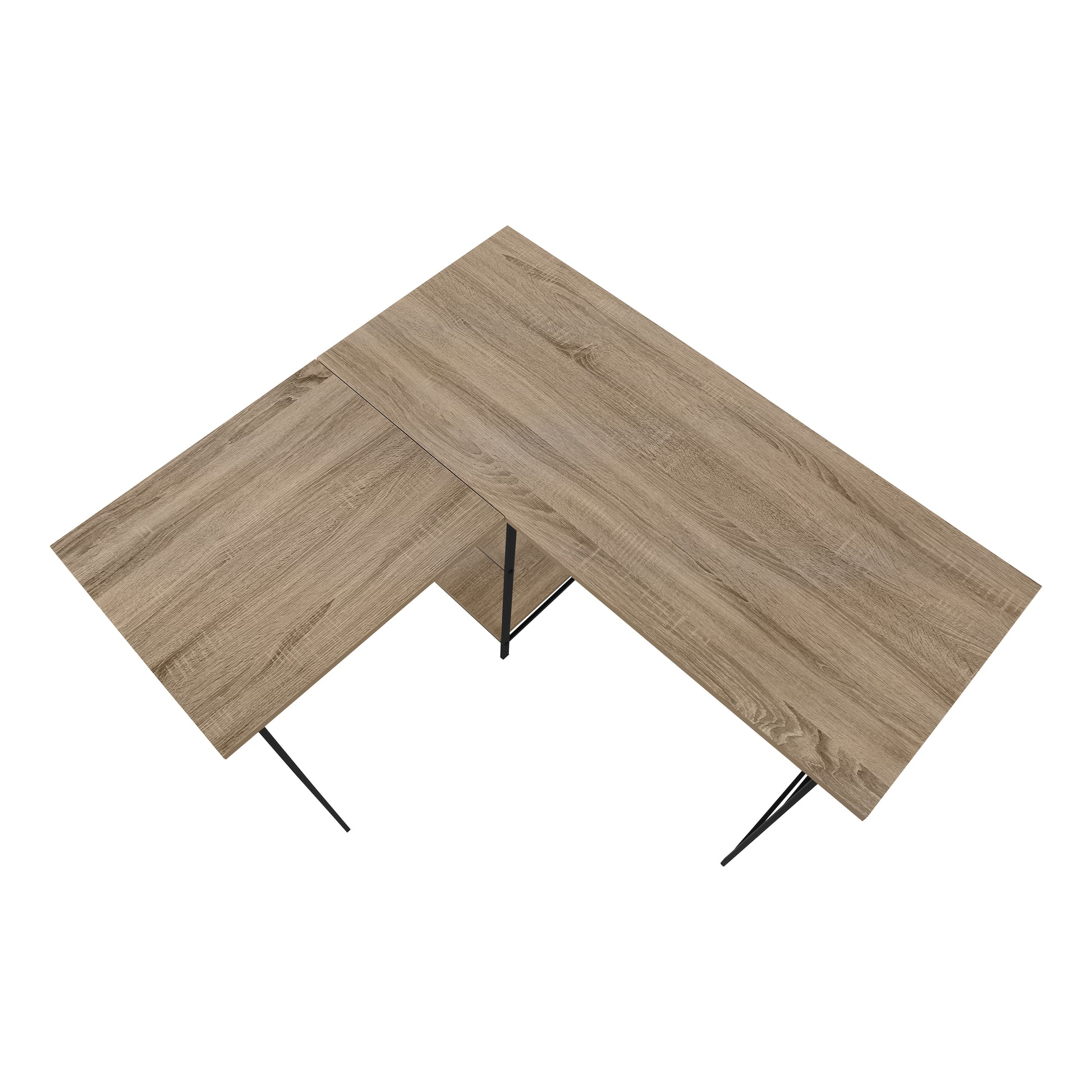 Lshaped desk with light oak finish and black metal legs