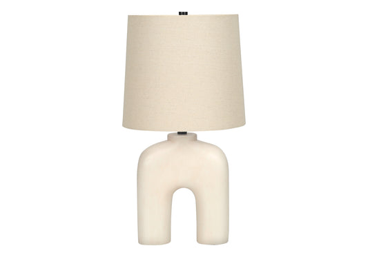 Cream ceramic arch table lamp with linen shade for ambient lighting