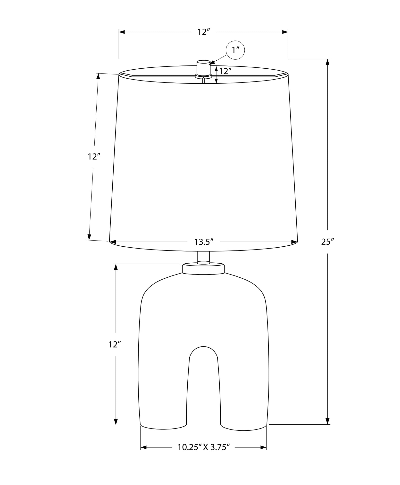Line drawing of a inch modern table lamp with curved base