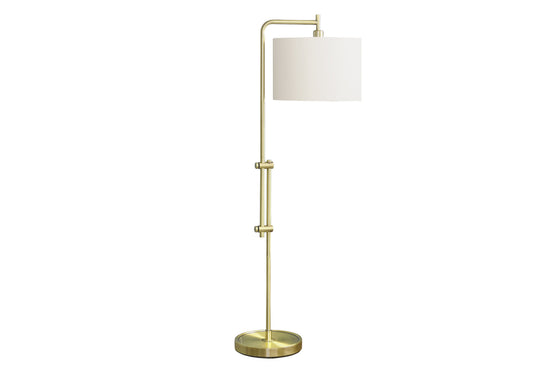 Adjustable brass floor lamp with white fabric drum shade ideal for modern living rooms