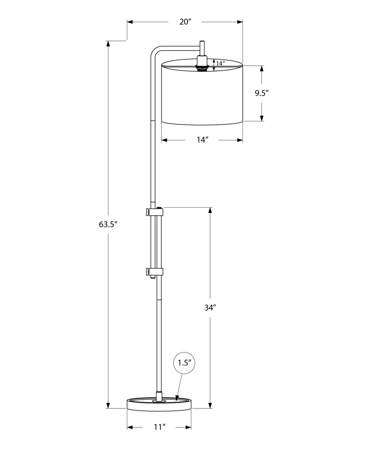 Technical drawing of a modern arc floor lamp  H  W  shade diameter