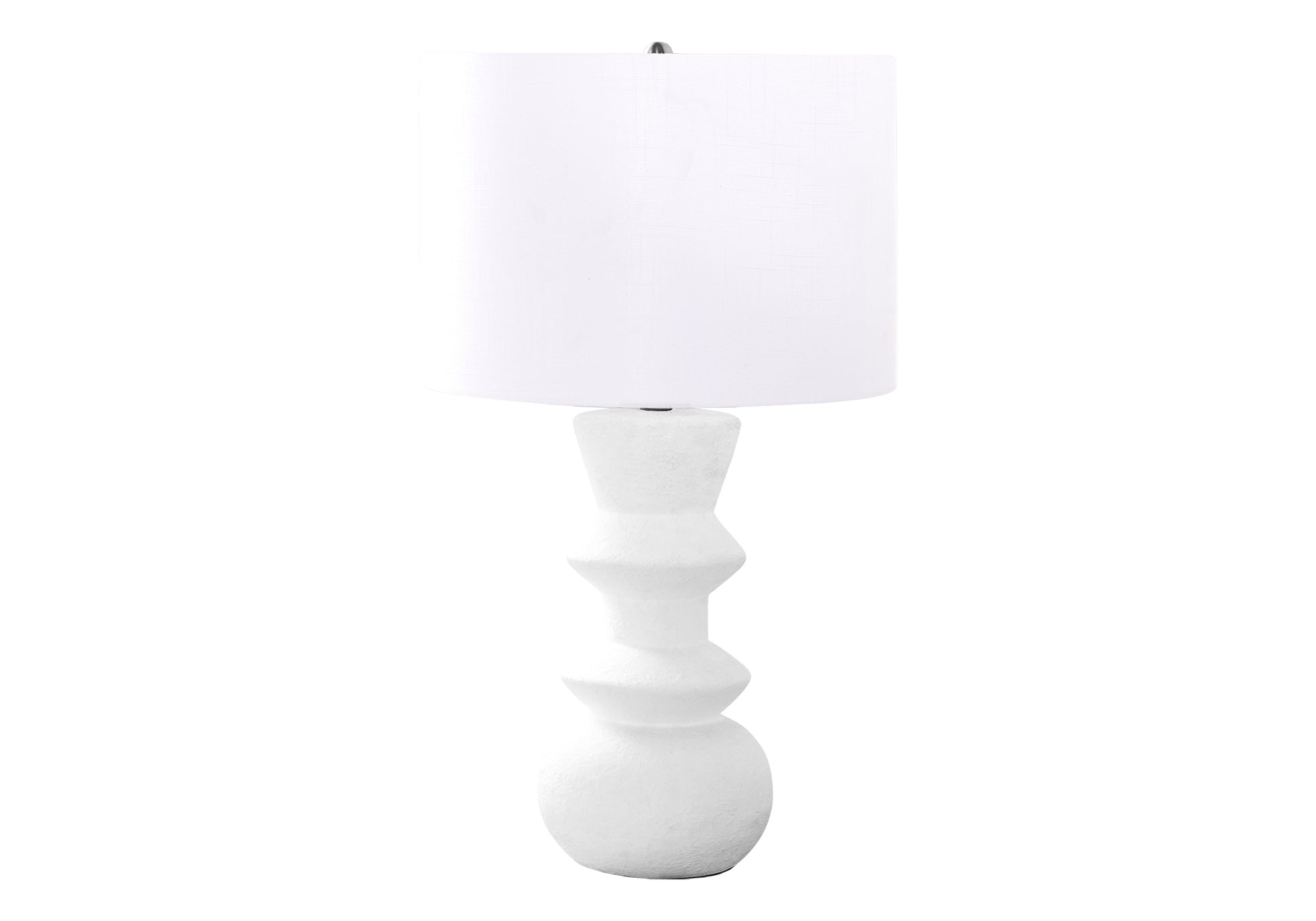 White textured table lamp with sculptural base and white drum shade for modern decor