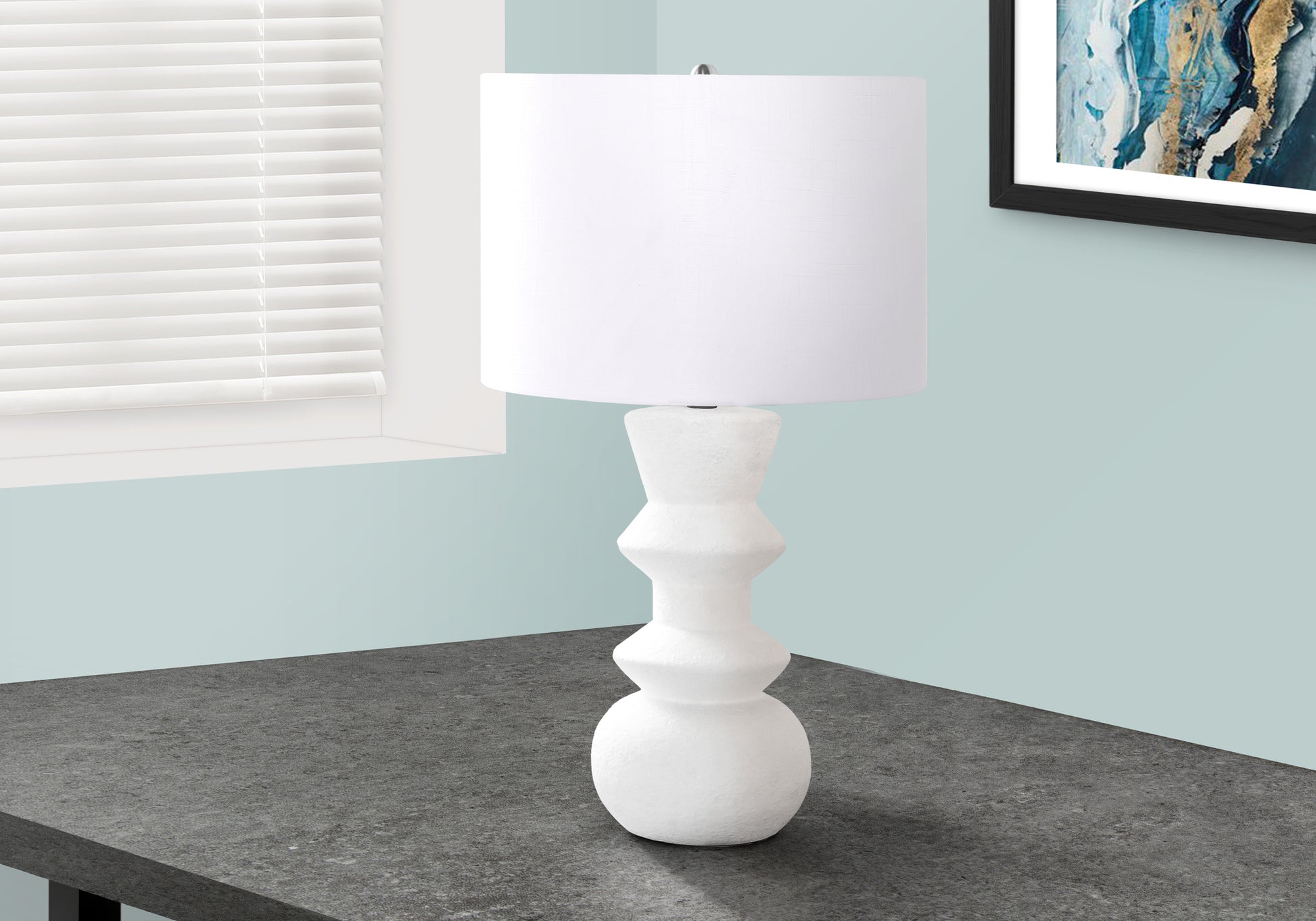 White textured ceramic table lamp with drum shade for modern living rooms