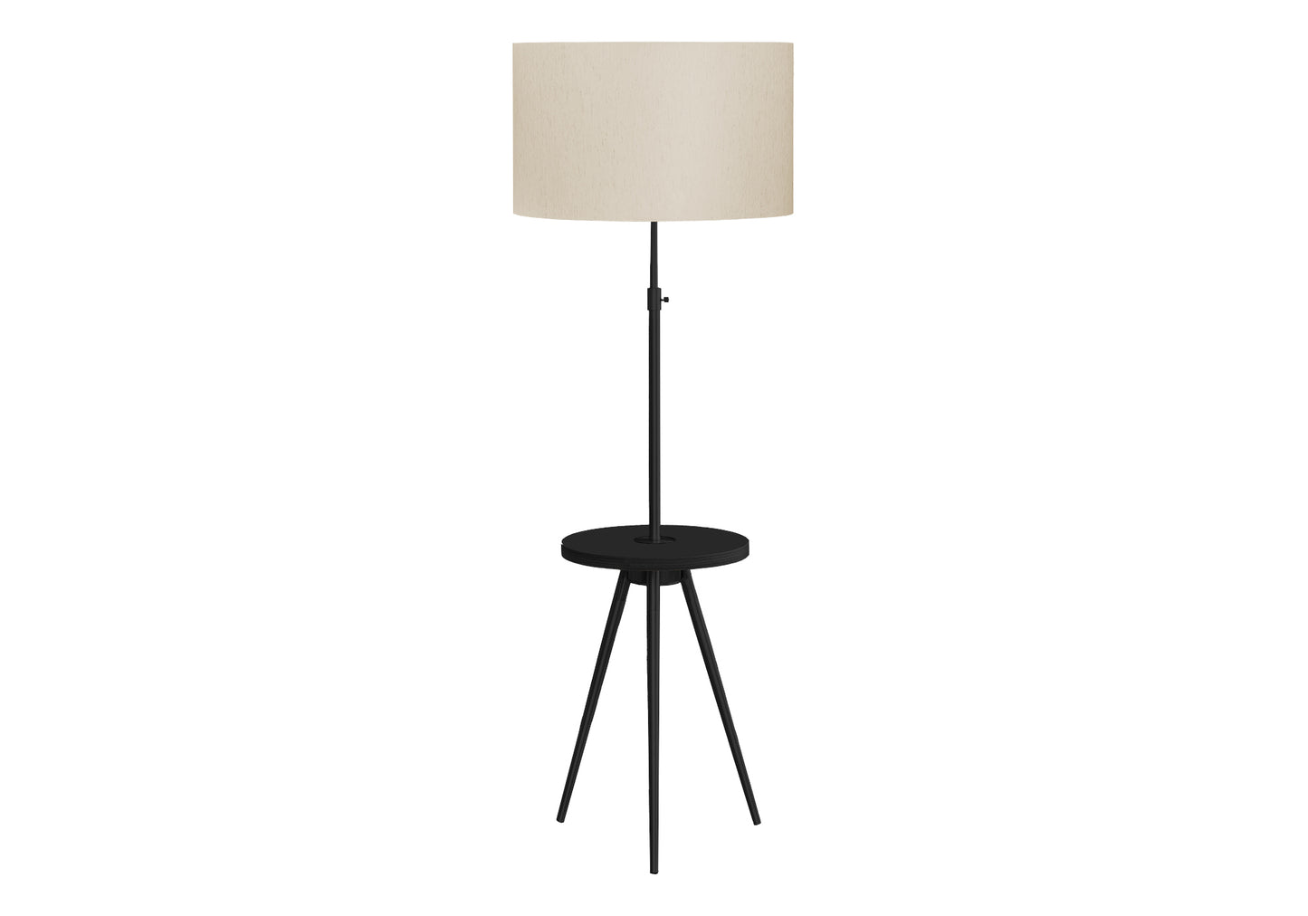Tall black floor lamp with a round beige shade and integrated side table