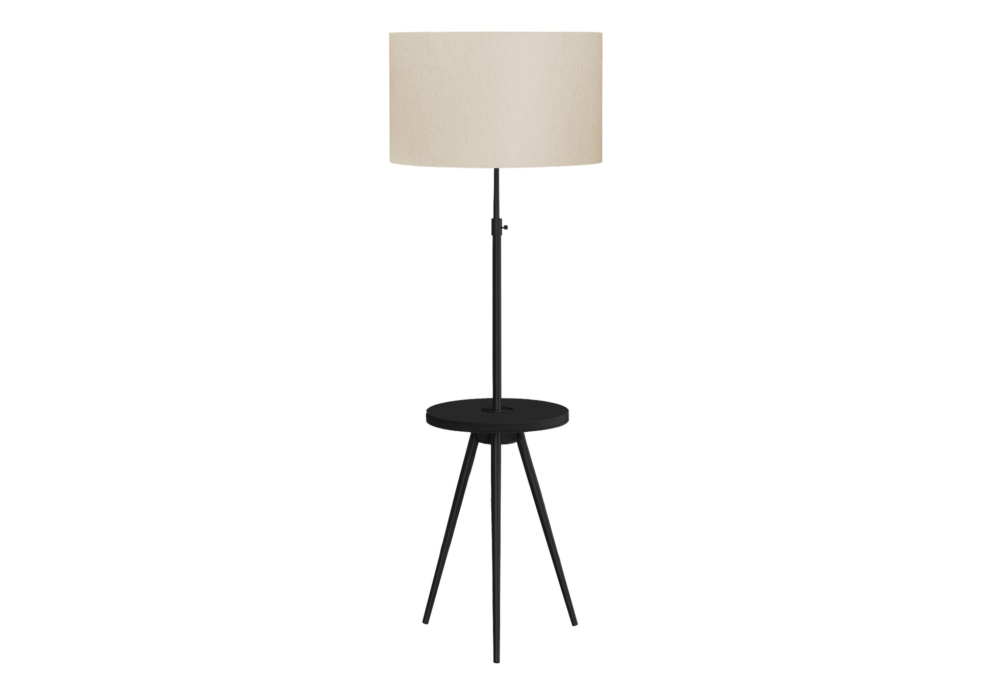 Tall black floor lamp with a round beige shade and integrated side table