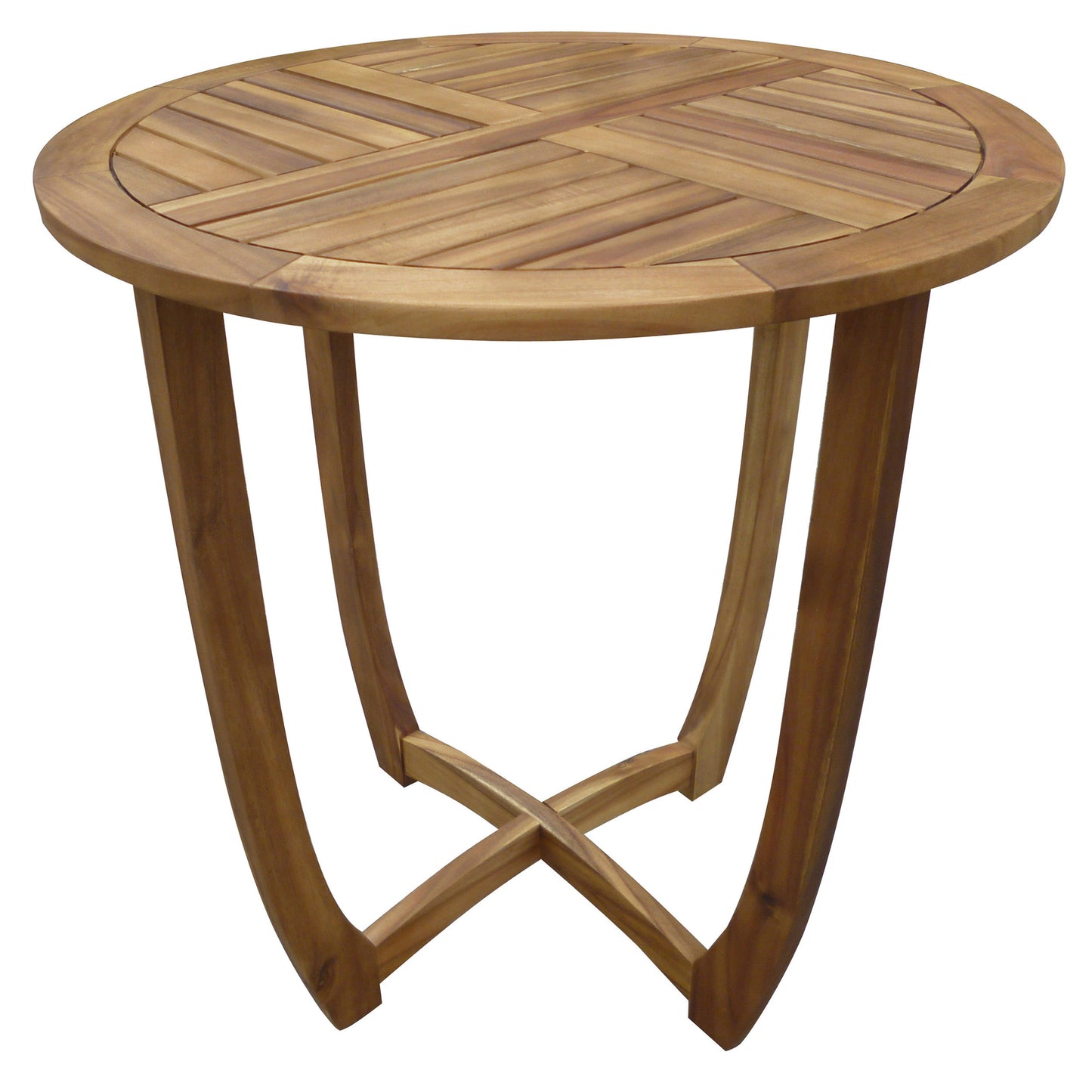 Round wooden patio table with a slatted top and curved legs perfect for outdoor dining