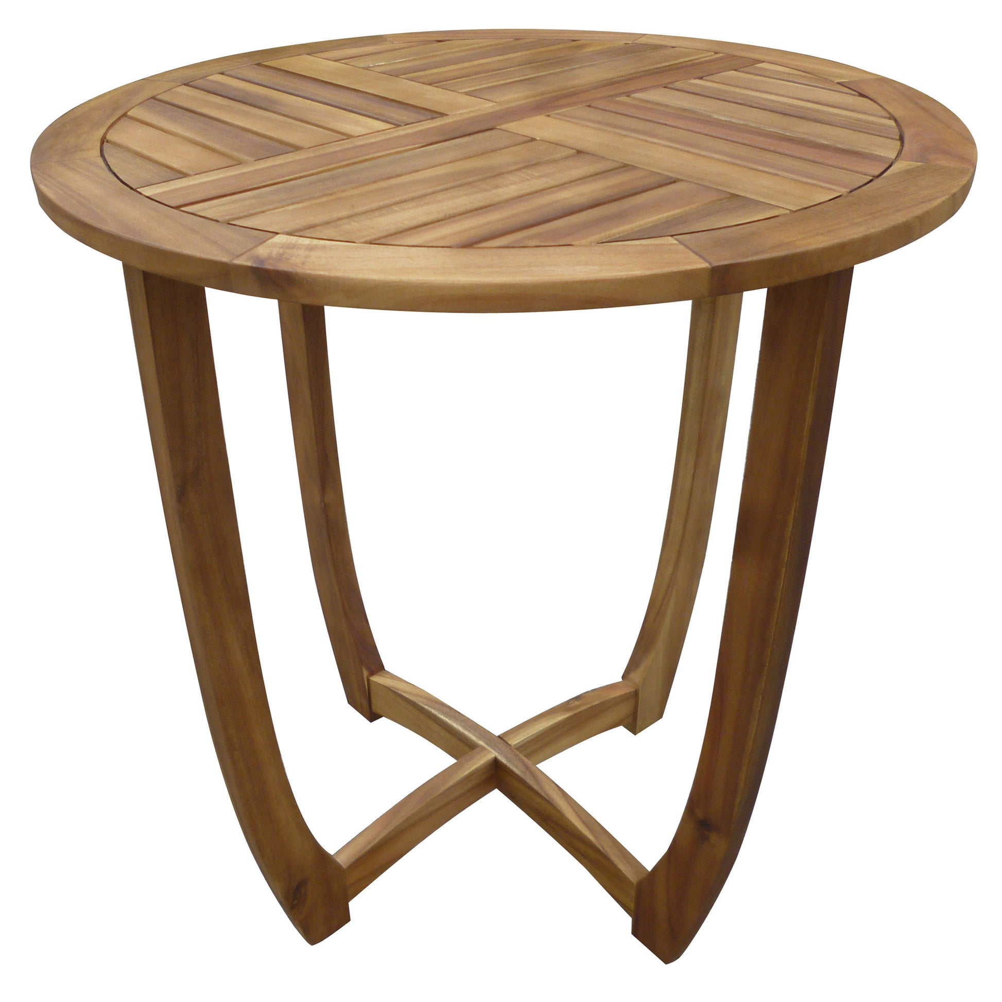 Round wooden patio table with a slatted top and curved legs perfect for outdoor dining