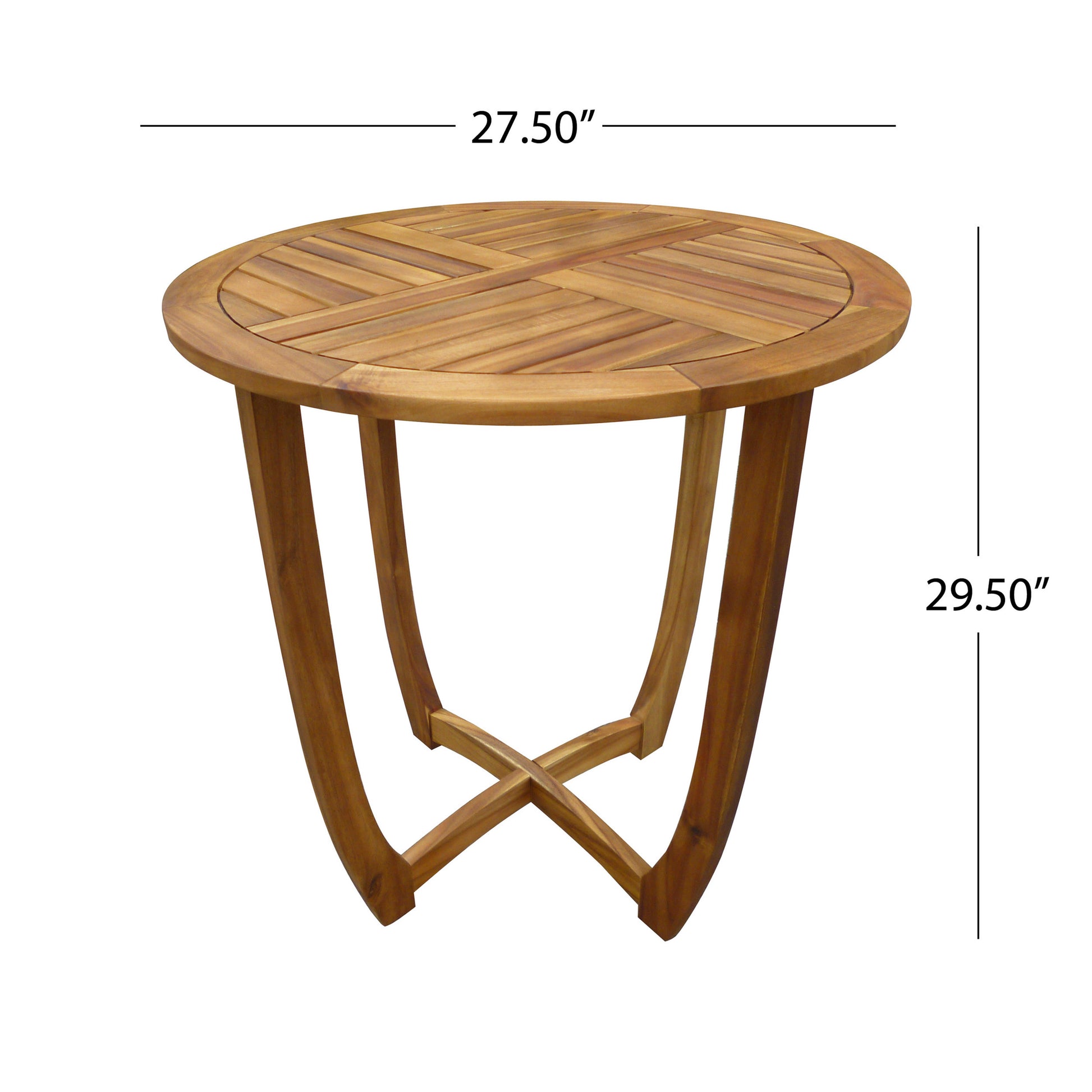 Round wooden patio table with slatted top and curved legs