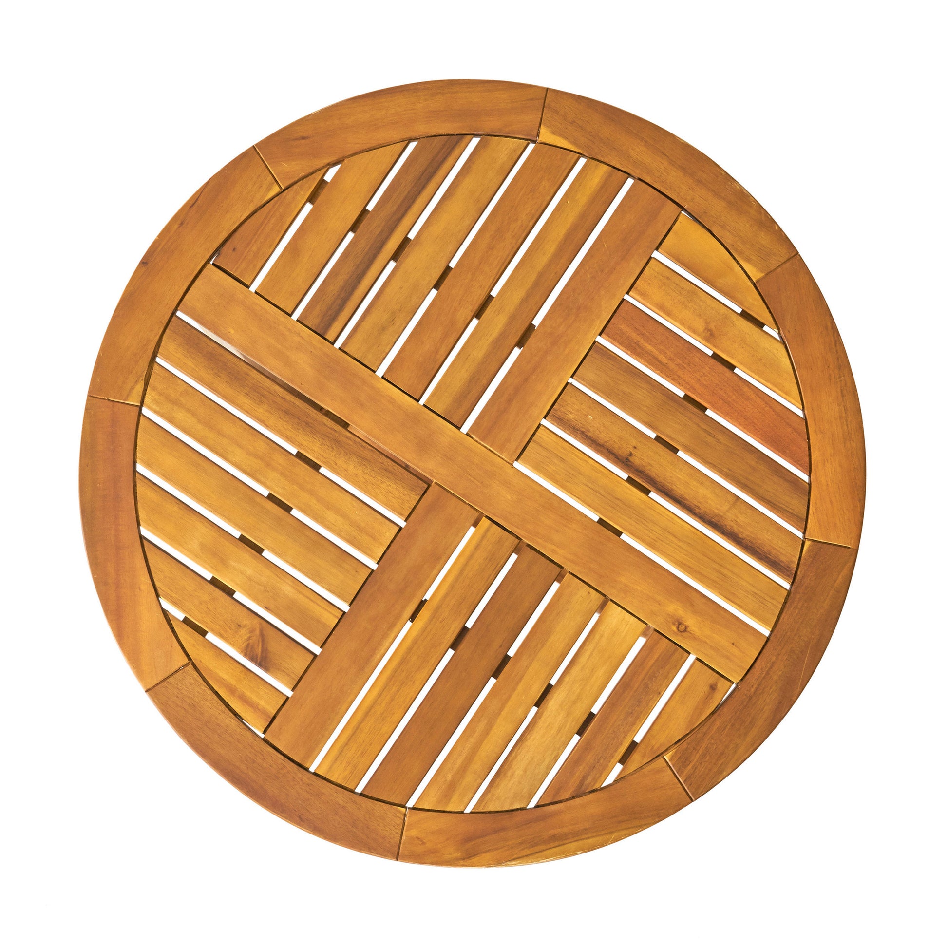 Round wooden slatted tabletop with a plank inlay pattern and a smooth border