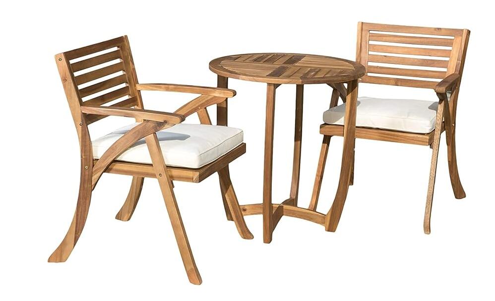 Wooden bistro set with two chairs and a round table for patio seating