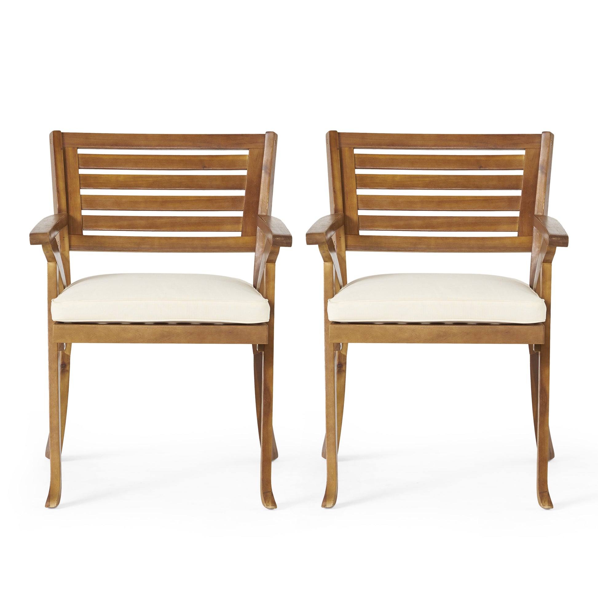 Two natural wood patio chairs with cream cushions featuring slatted backs and arms