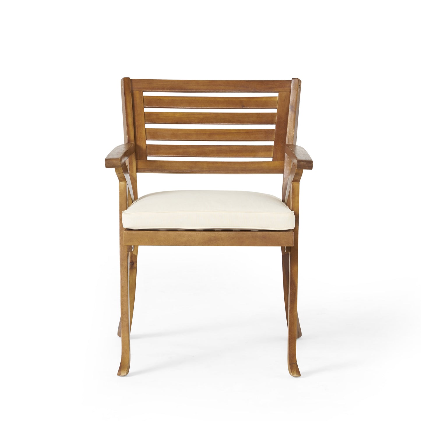 Wooden outdoor chair with beige cushion and slatted backrest