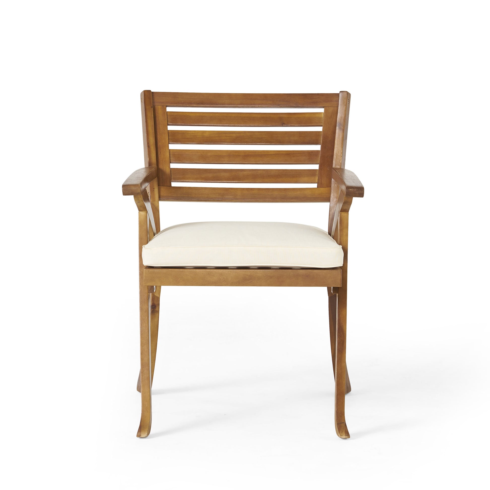 Wooden outdoor chair with beige cushion and slatted backrest