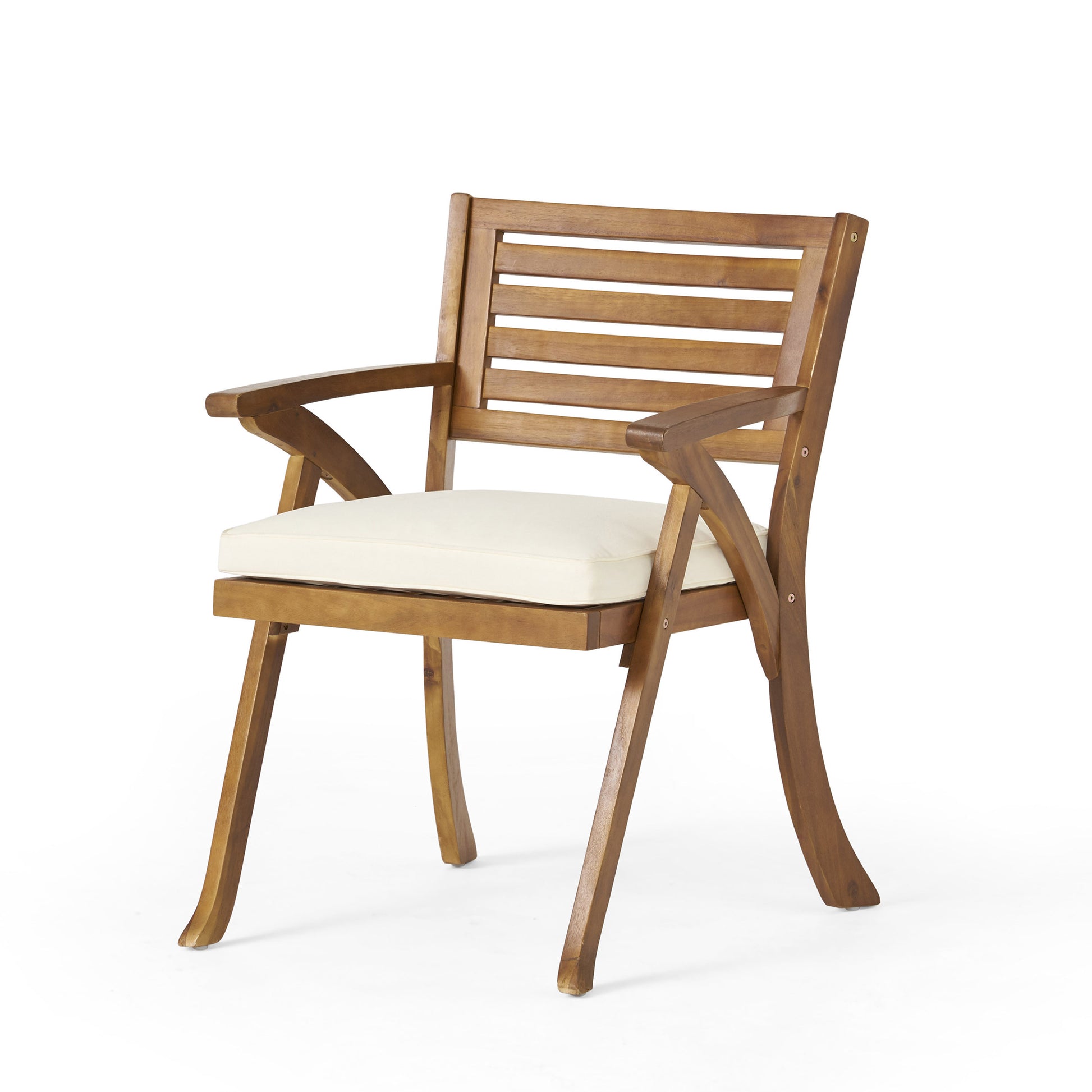 Wooden outdoor chair with white cushion and slatted backrest
