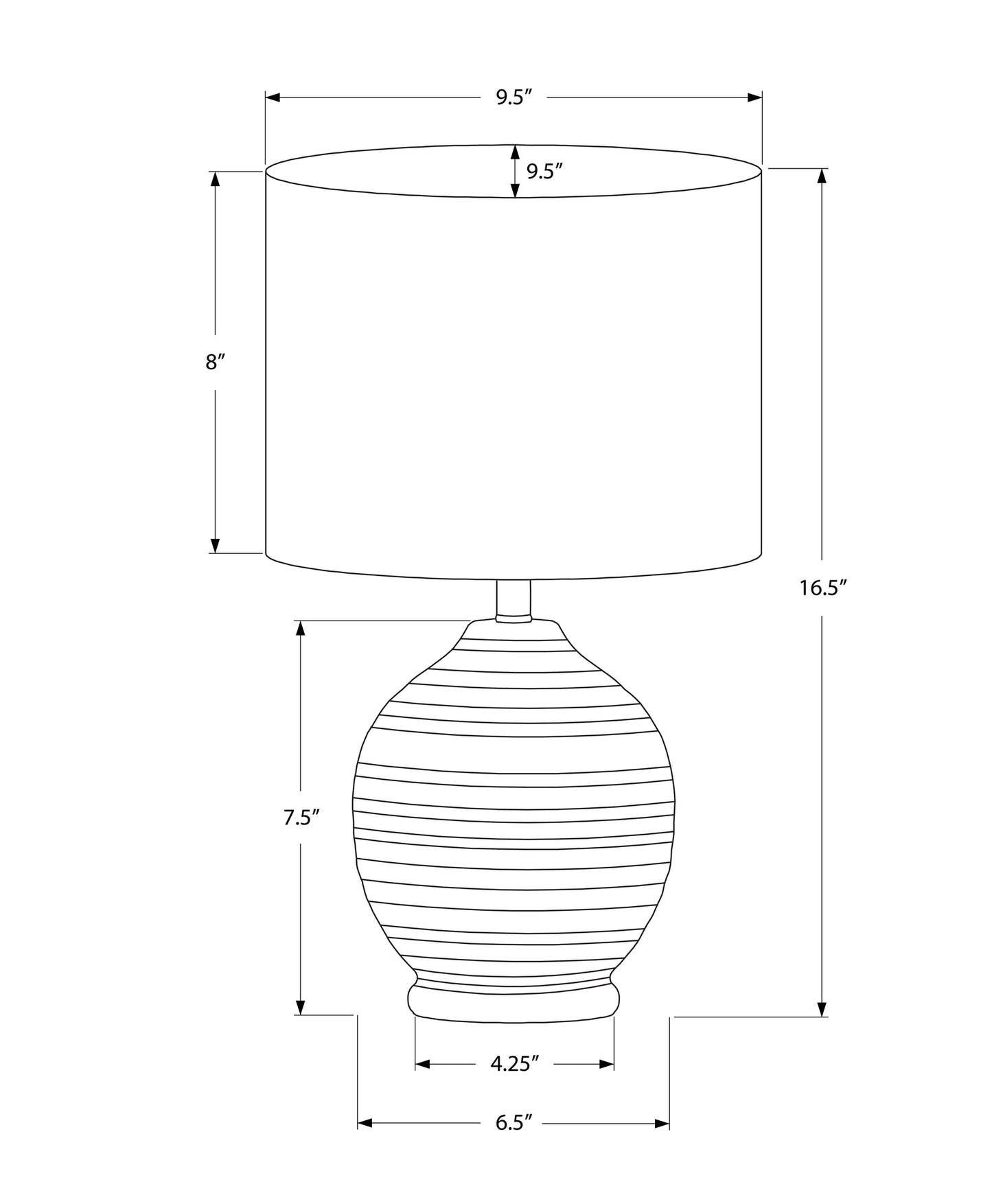 Line art of a white drum lampshade with dimensions W x D x H