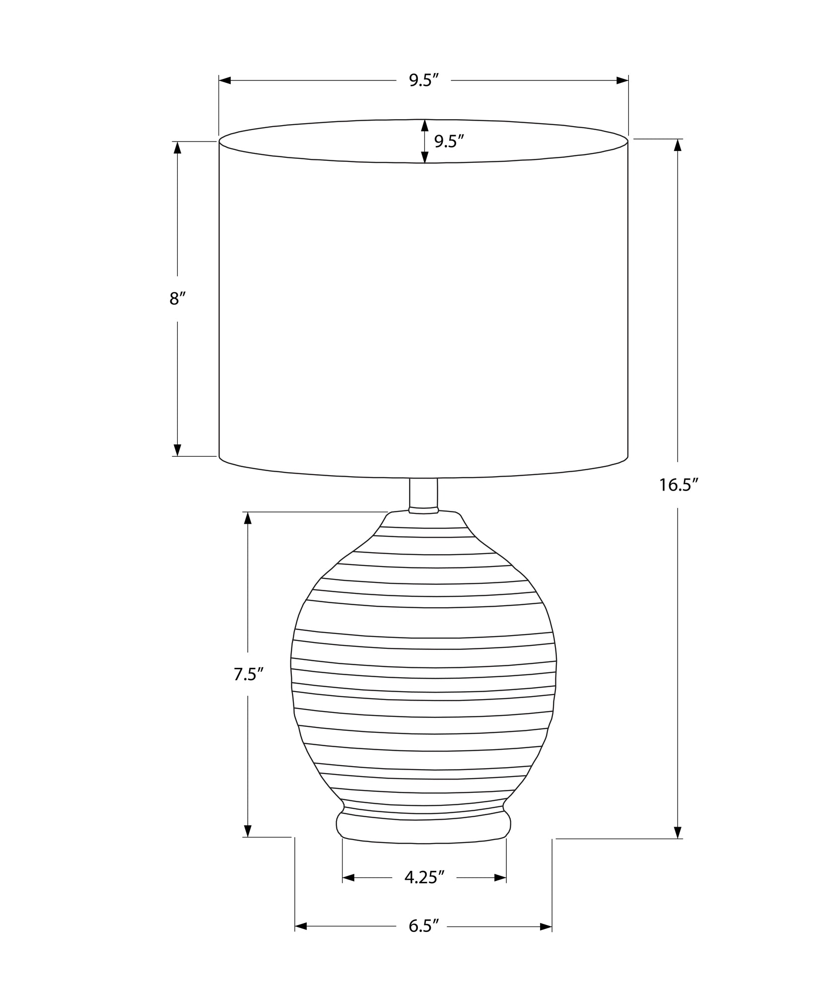 Line art of a white drum lampshade with dimensions W x D x H