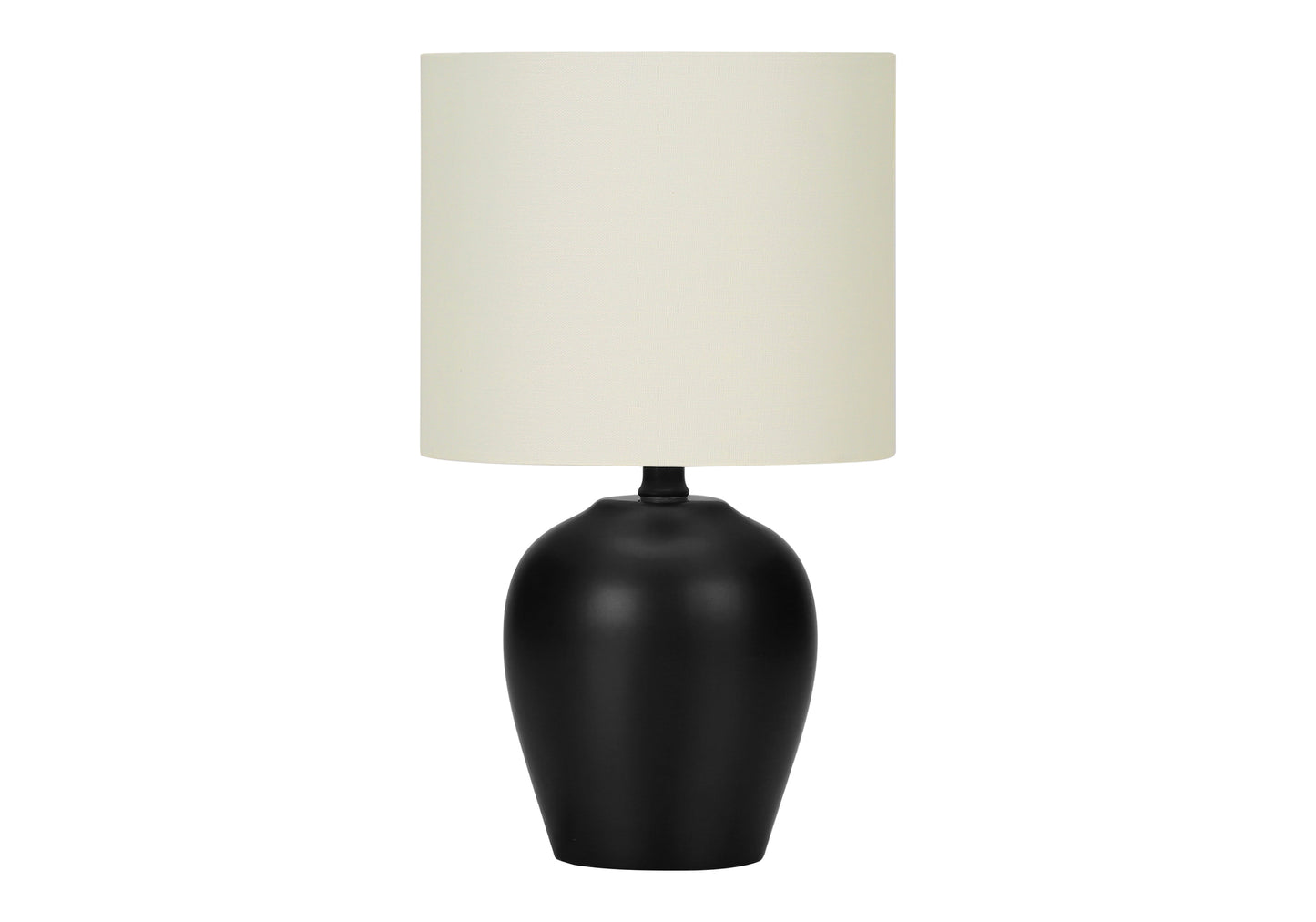 Sleek black ceramic bedside lamp with a textured cream drum shade