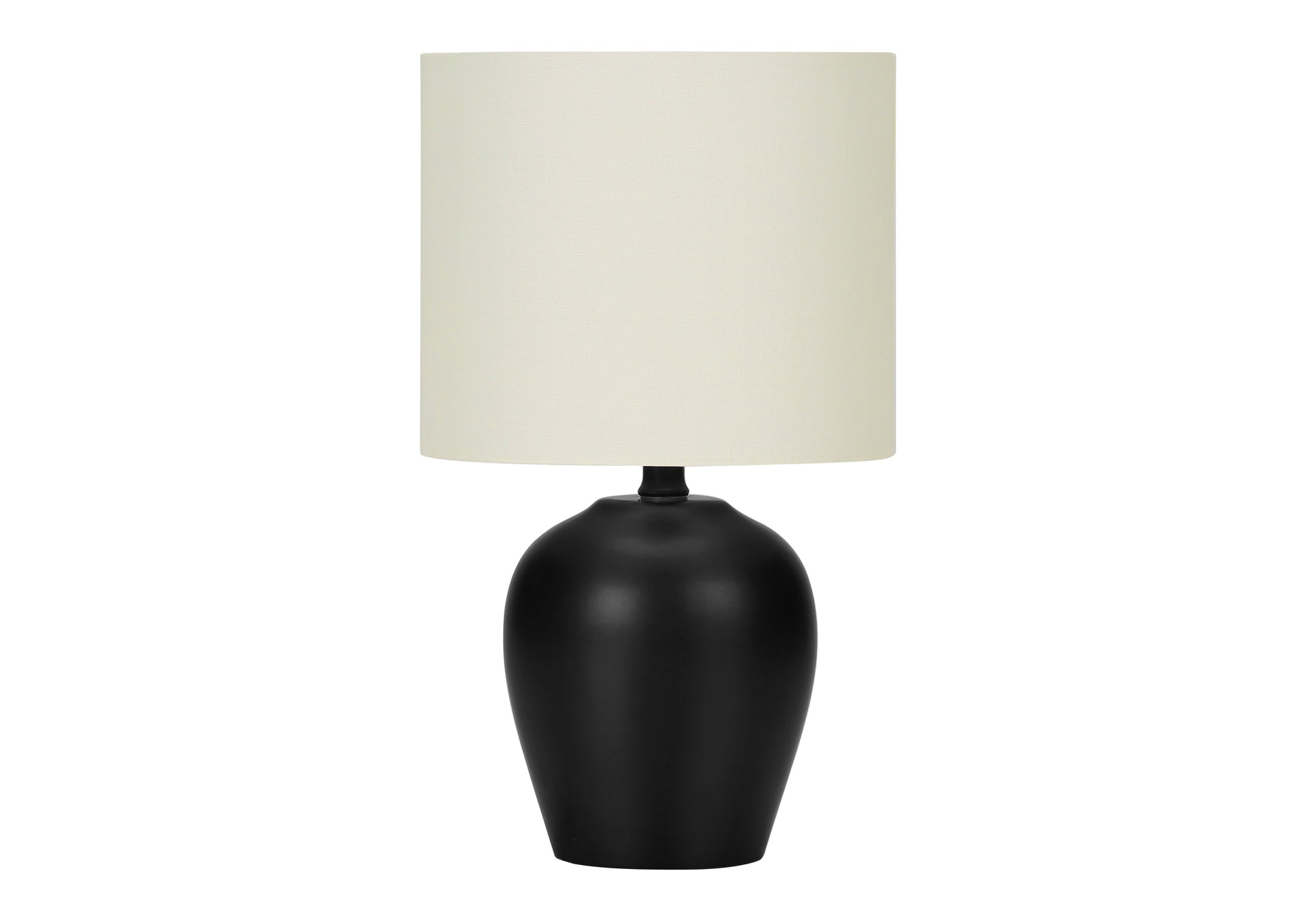 Sleek black ceramic bedside lamp with a textured cream drum shade