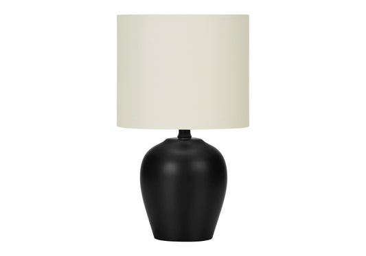 Sleek black ceramic bedside lamp with a textured cream drum shade