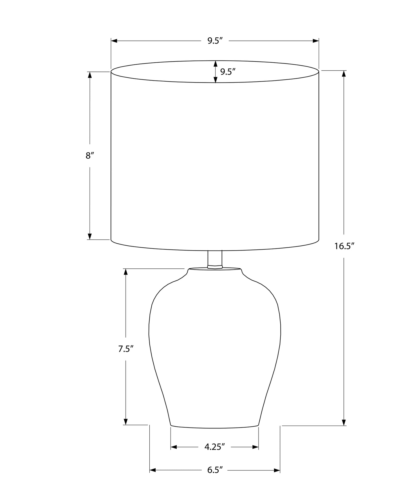 Diagram showing a table lamp with dimensions  height  shade height  shade diameter