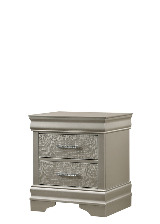 Champagne alligator embossed nightstand with crystal drawer pulls