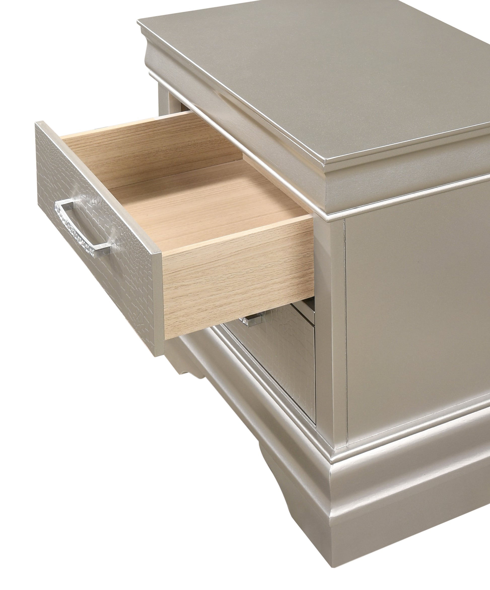 Silver bedside table with textured drawer front and crystal knob