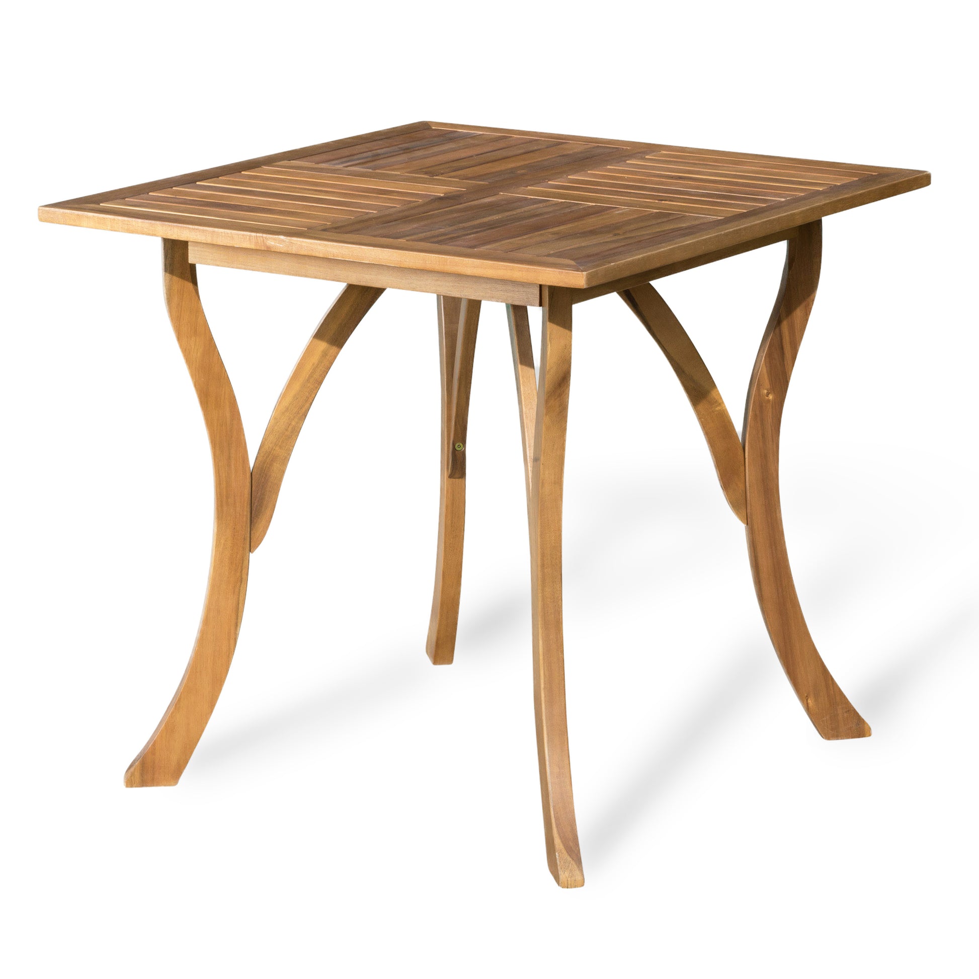Square wooden patio table with slatted top and curved legs perfect for outdoor dining