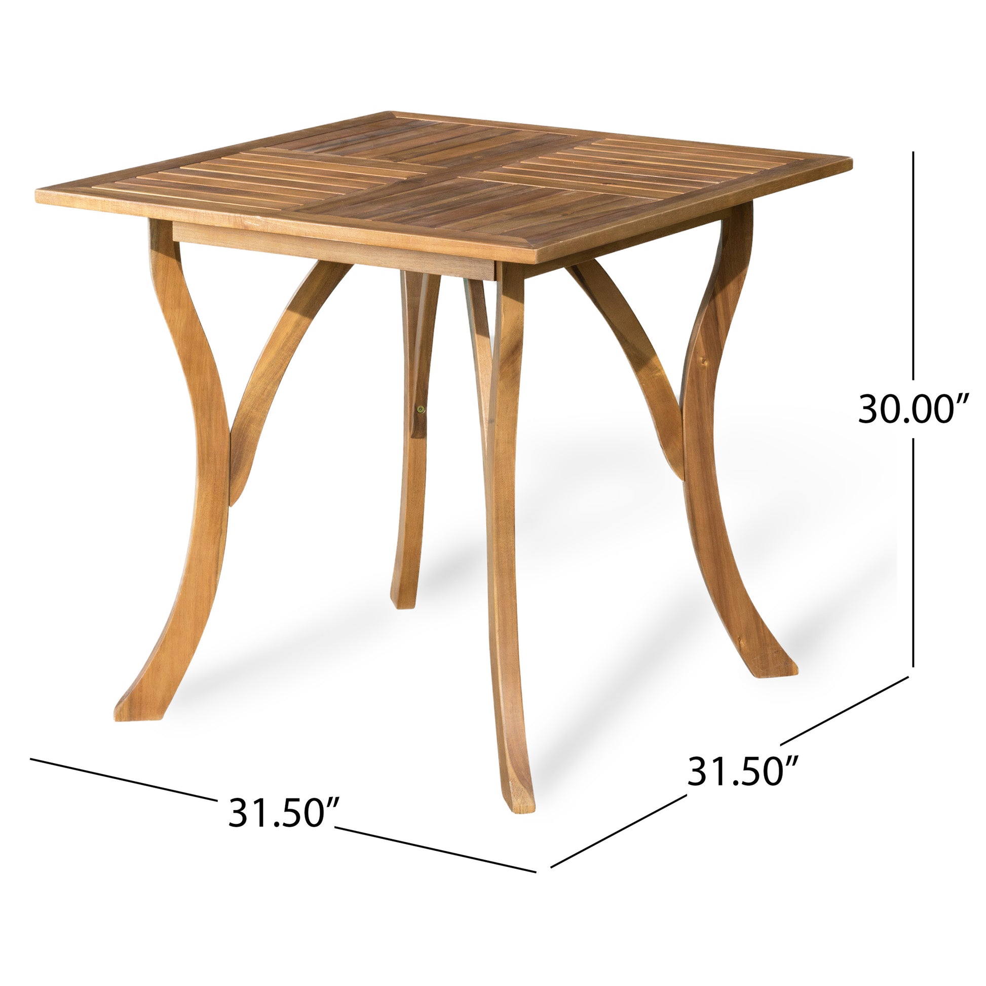 Wooden square table with slatted top and curved legs perfect for outdoor dining