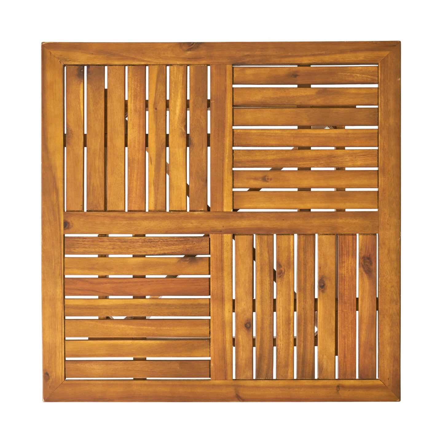 Wooden patio side table with slatted top and natural finish for outdoor use