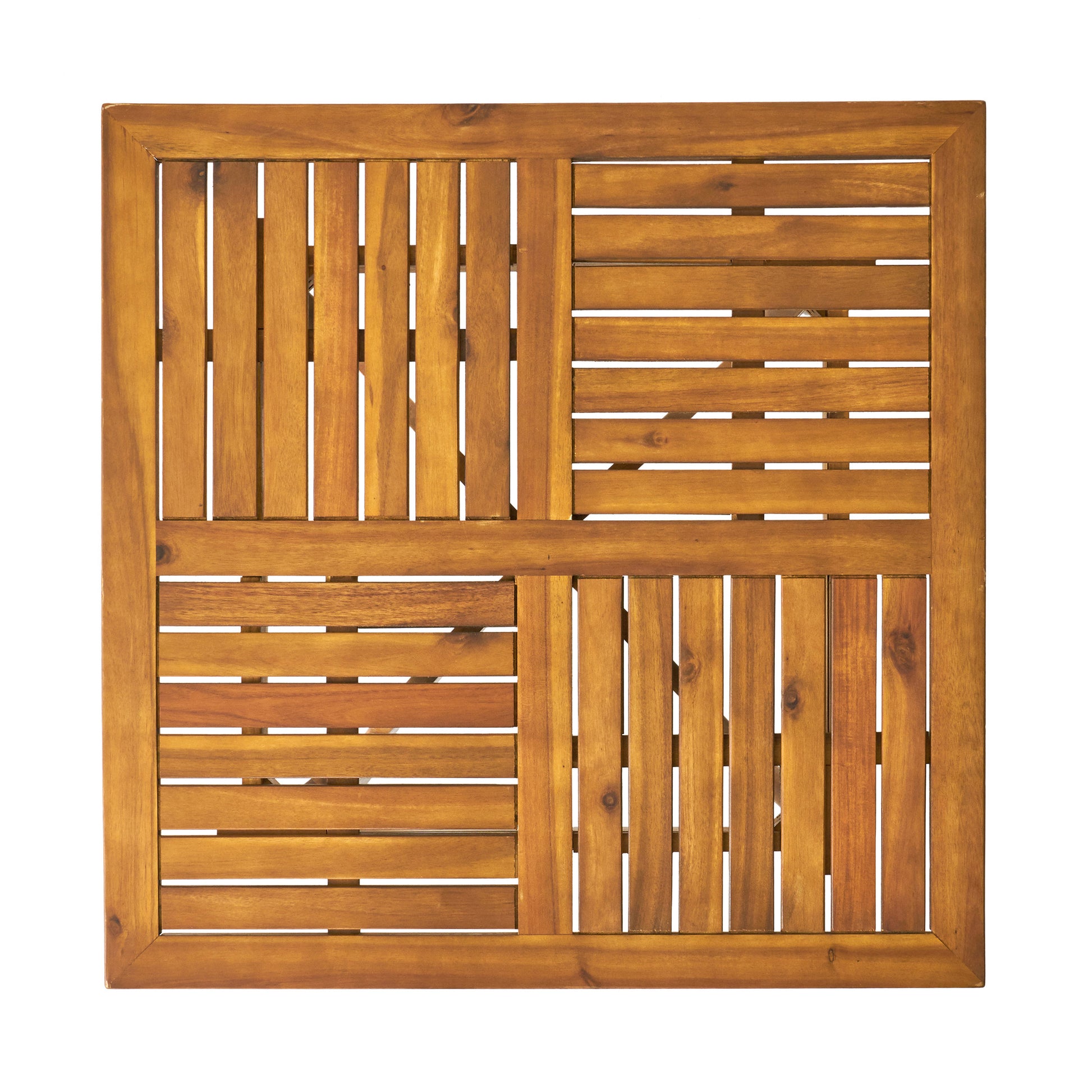 Wooden patio side table with slatted top and natural finish for outdoor use