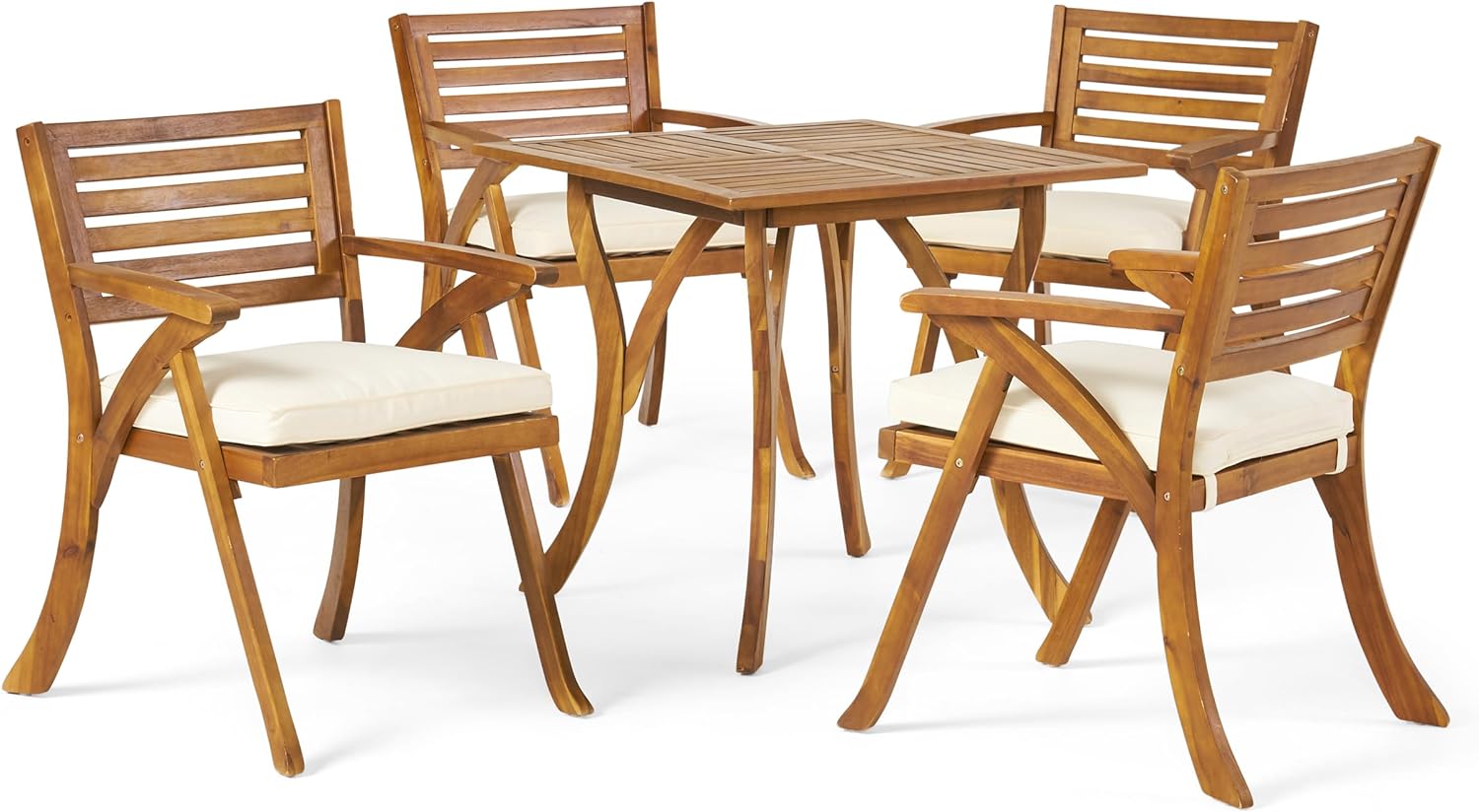 Wooden patio dining set with four chairs and a square table featuring slatted backs and beige cushions