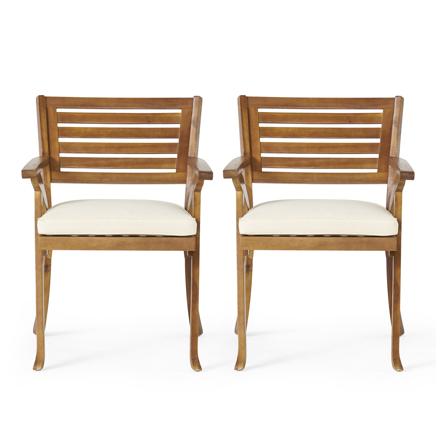 Two wooden patio chairs with cream cushions perfect for outdoor seating