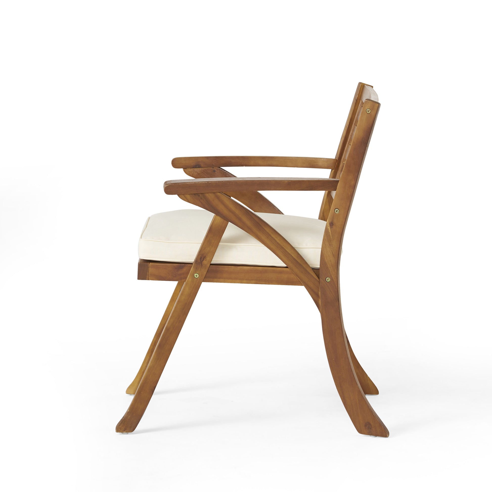 Midcentury modern armchair in warm wood with a cream cushion