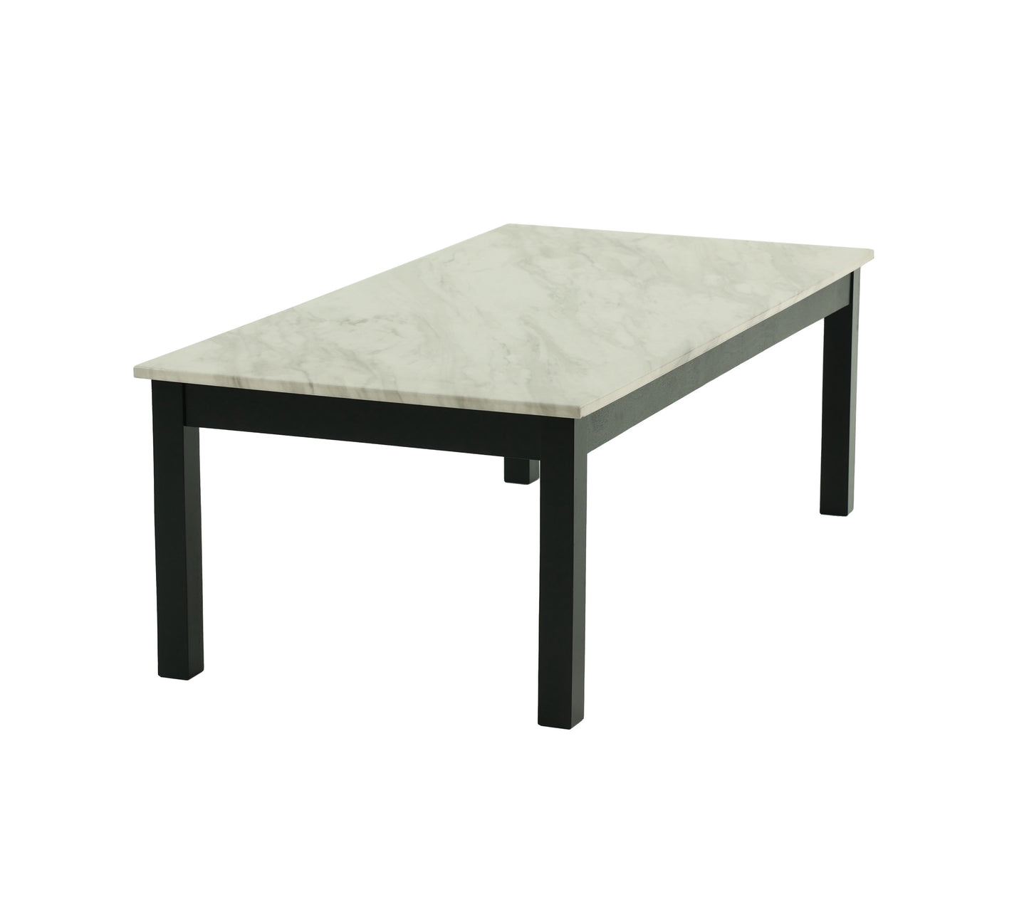Rectangular modern coffee table with a faux marble top and black wooden legs
