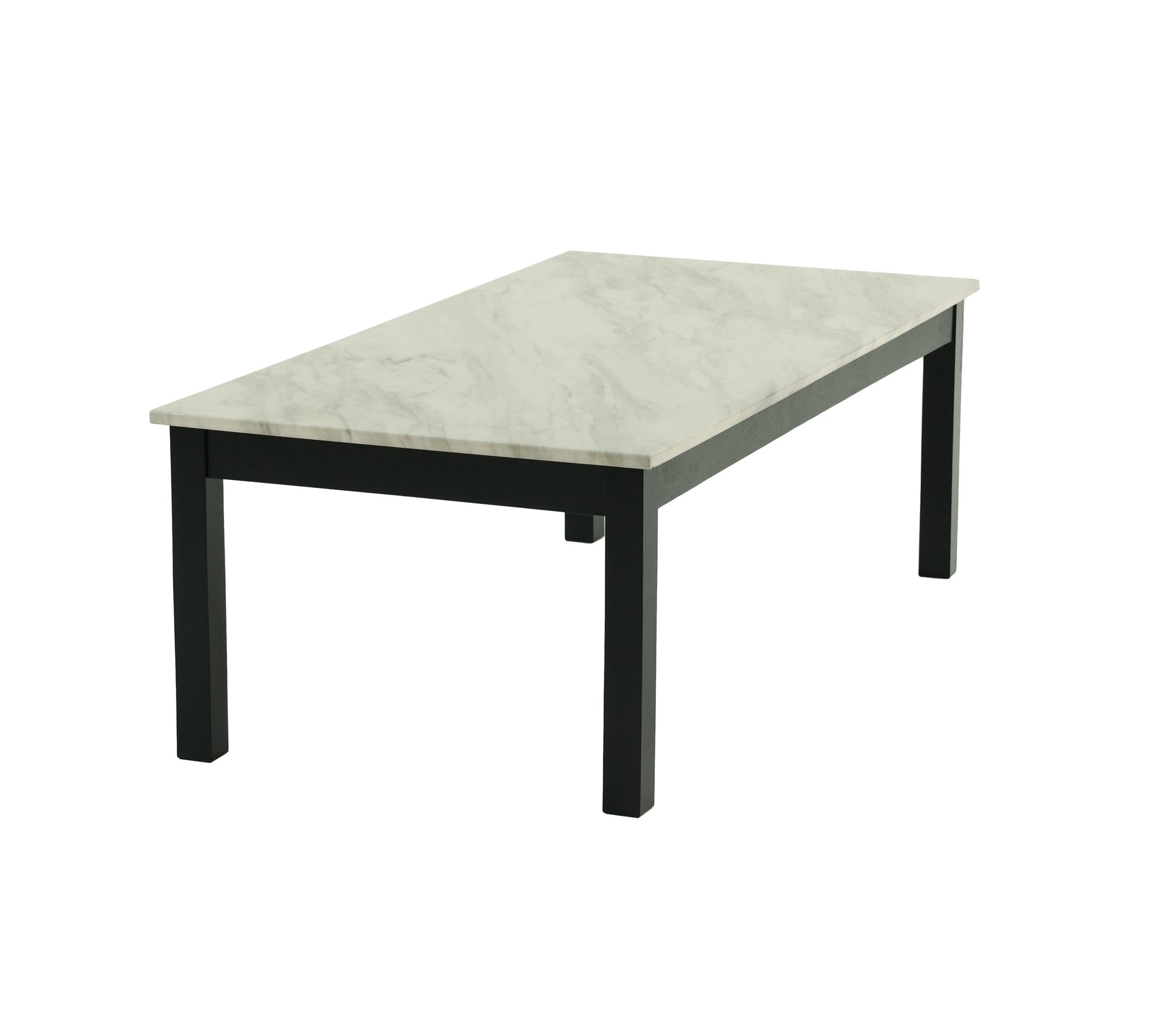 Rectangular modern coffee table with a faux marble top and black wooden legs