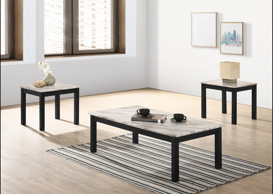 Black metal coffee table with faux marble top featuring two cups