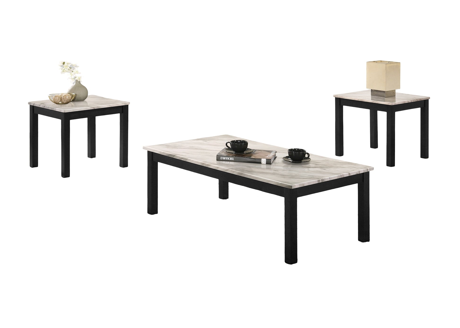 Modern black frame coffee table with faux marble top includes two cups and book