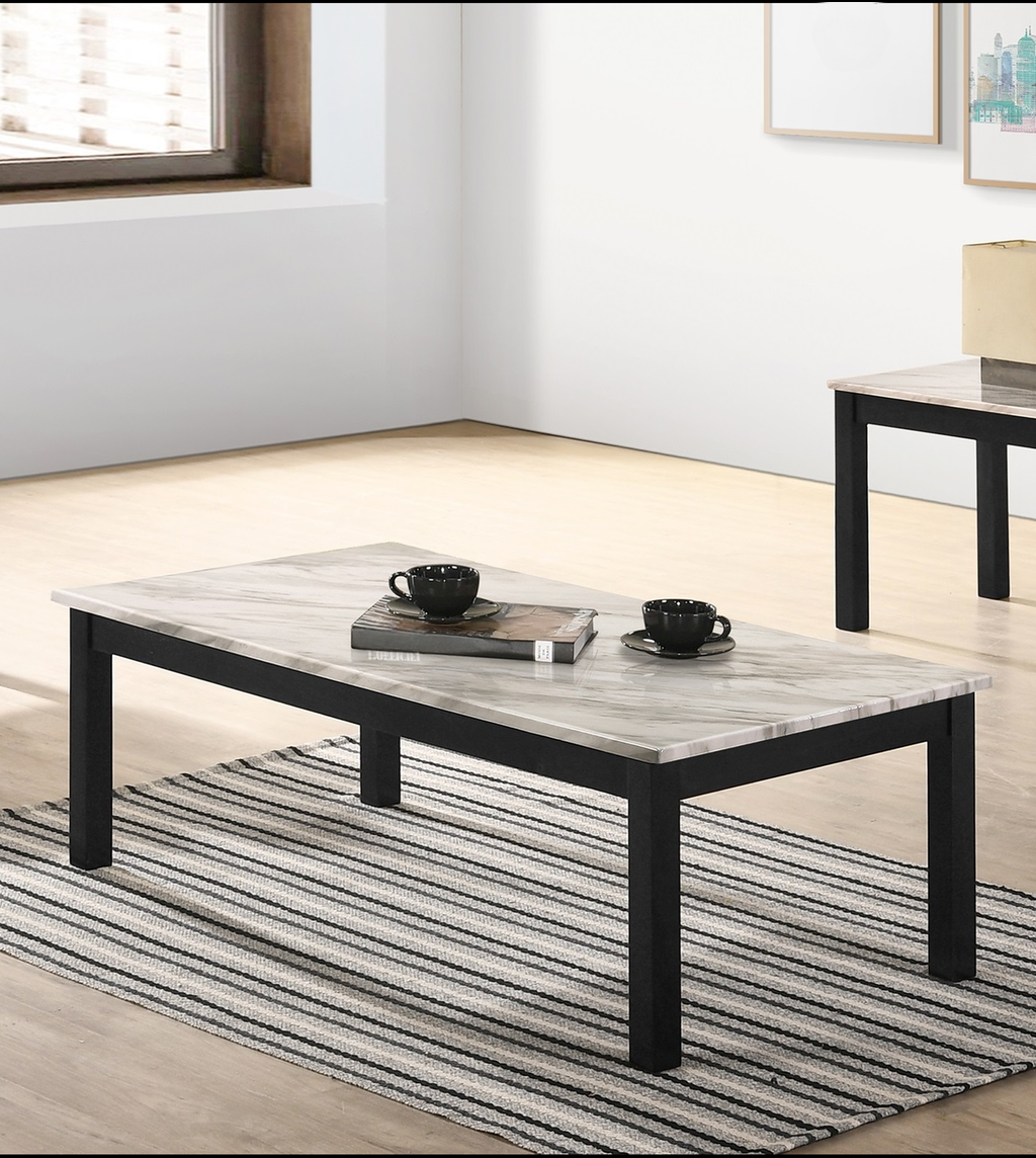 Rectangular coffee table with faux marble top and black wood legs