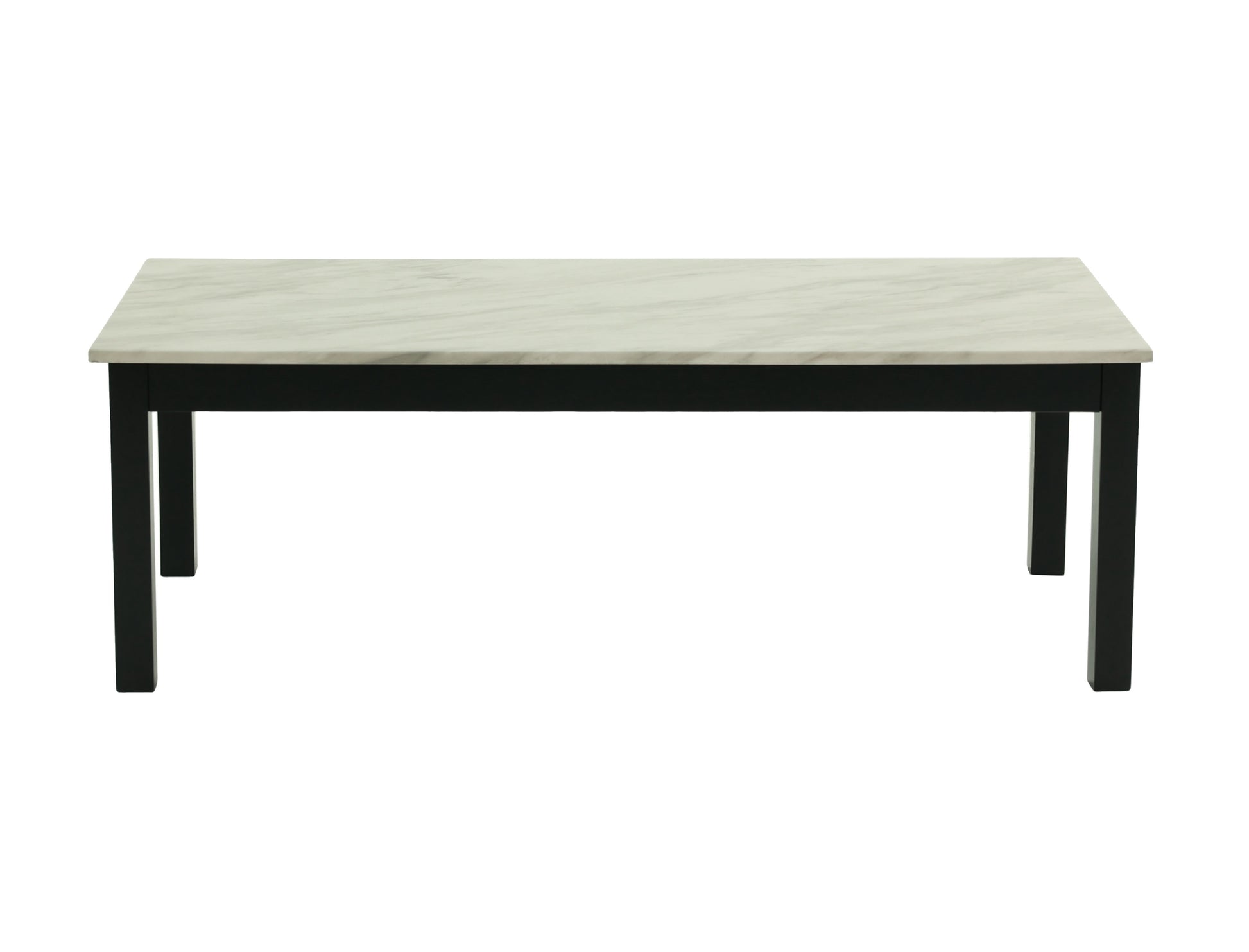 Rectangular coffee table with white marble top and black wooden legs