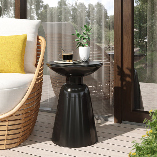 Sleek black modern accent table with a glossy finish and a unique pedestal base