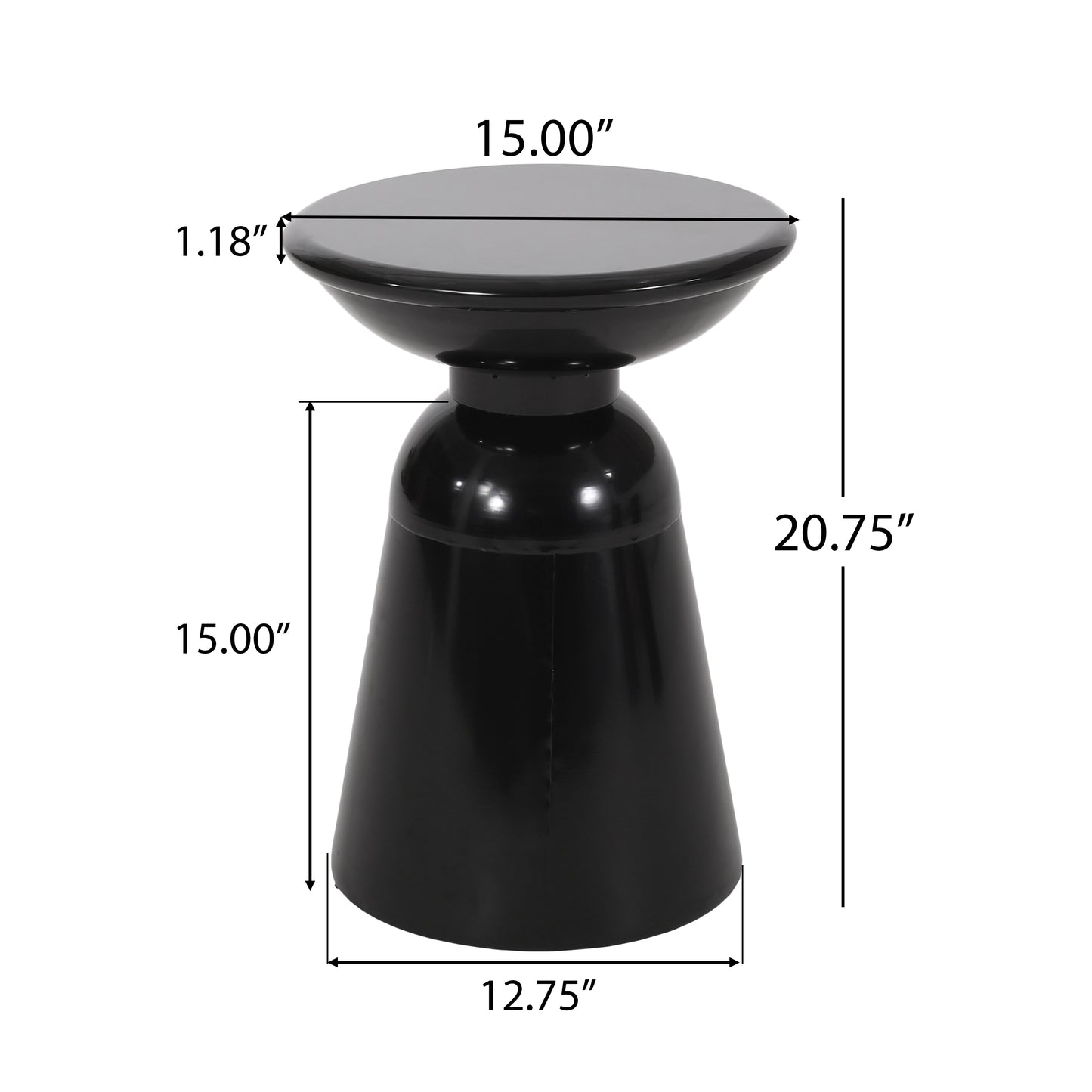 Glossy black accent table with modern hourglass silhouette and metallic finish