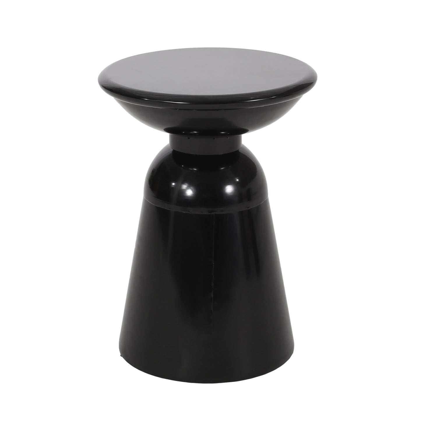 Glossy black accent table with rounded top and tapered base