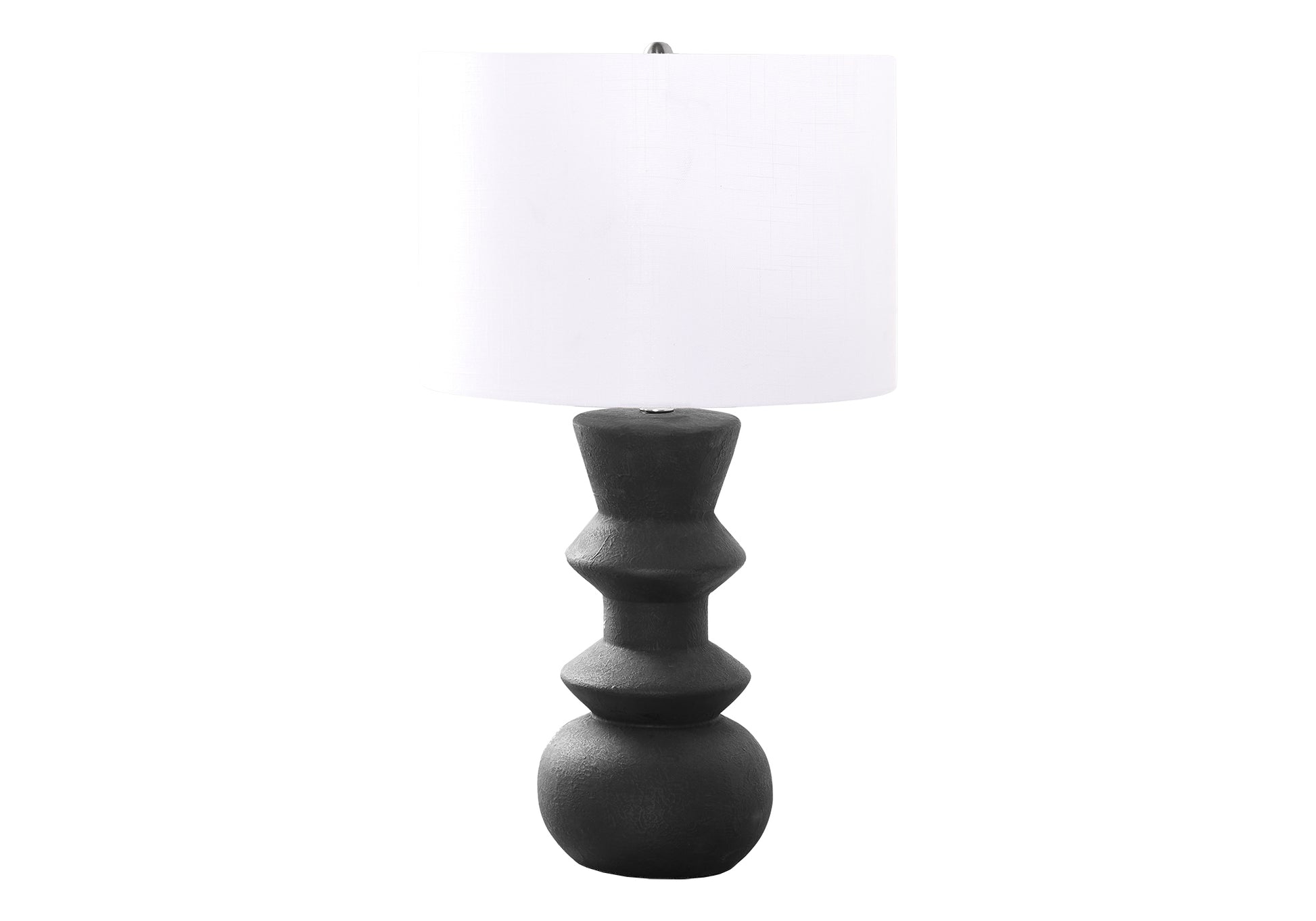 Textured black ceramic table lamp with white linen drum shade modern sculptural base