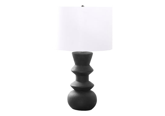 Textured black ceramic table lamp with white linen drum shade modern sculptural base