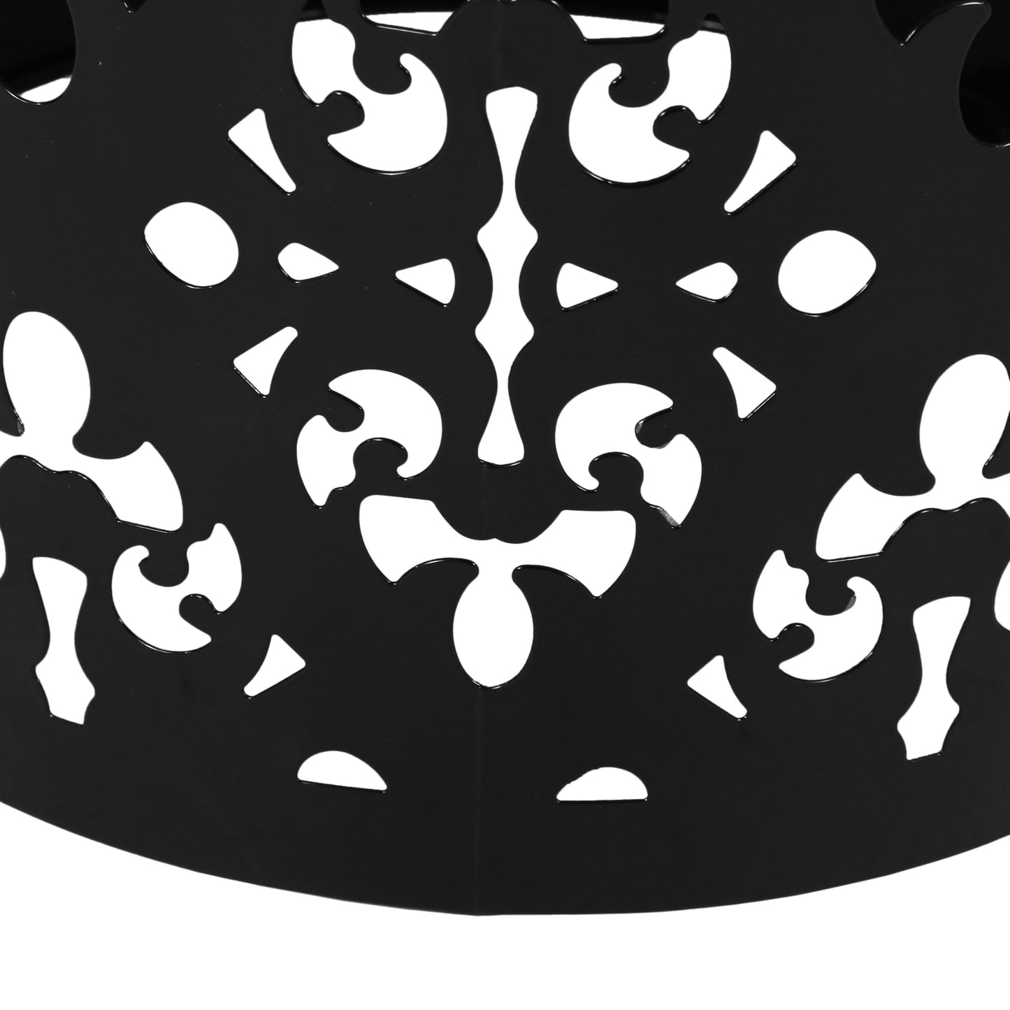 Black metal garden trellis with intricate scrollwork ideal for climbing plants