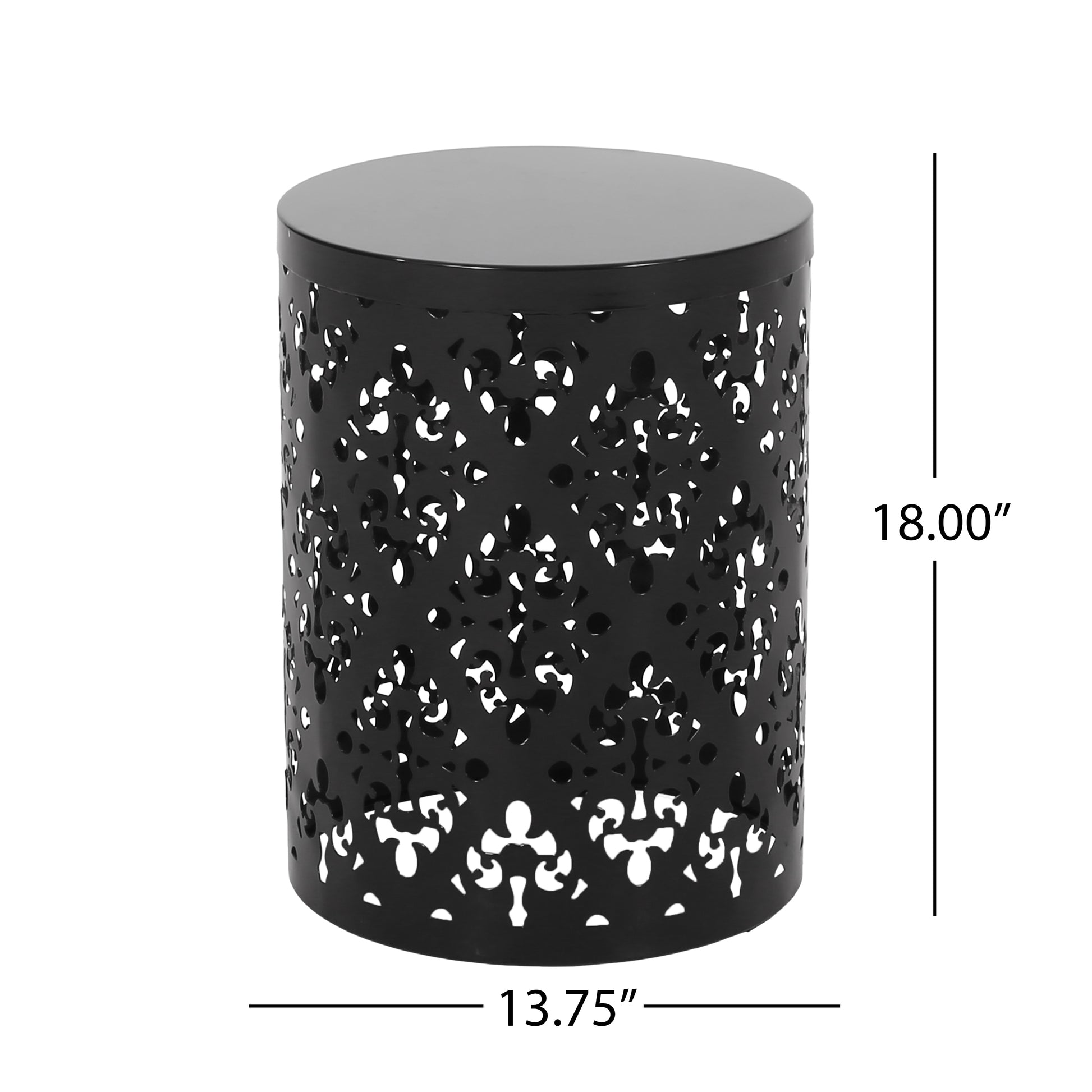 Black metal outdoor accent table with floral cutouts and round top
