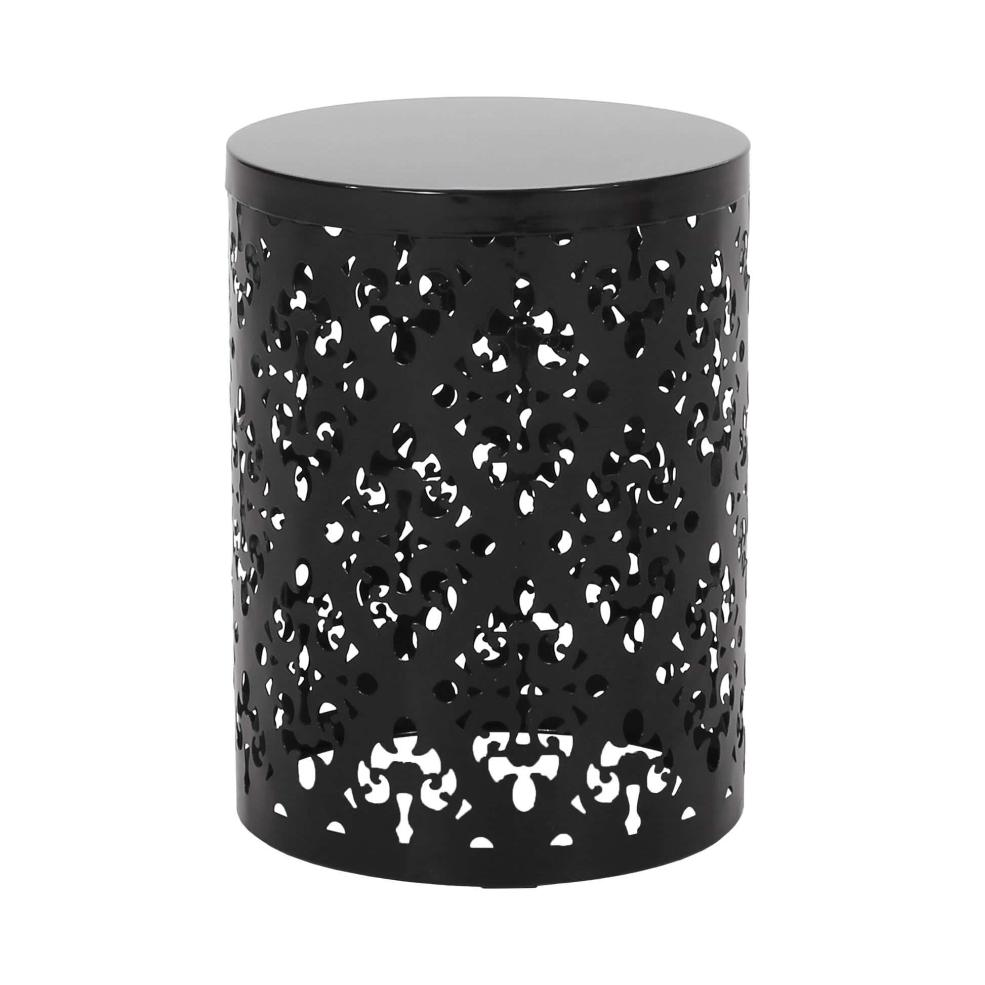 Black metal side table with ornate lasercut pattern and round top